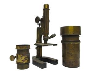 lot 71 image: Antique Brass Microscope & 2 Larges Brass Lenses (AS IS)
