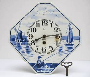 lot 74 image: Antique Delft Blue Wall Clock wPendulum & Key 