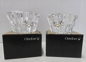 lot 135 image: Pair of Mint in Box ORREFORS Crystal Candle Holders