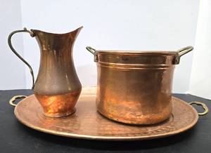 lot 208 image: 3 Pieces of Hammered etc Copper Ware