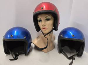 lot 247 image: Lot of 3 Vintage 1960s era Blue  Red Sparkle Racing Helmets