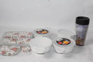 lot 90 image: Collection of Kitchen Essentials with Cookware, Travel Mug, and Oven Mitt Set