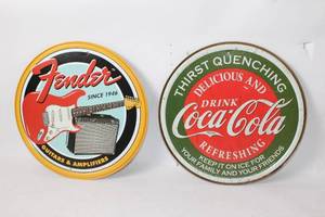 lot 146 image: Set of 2 Vintage Metal Tin Signs Fender & Coca-Cola