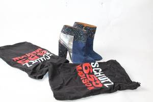 lot 166 image: Schutz 6.5B Madison Blue and Silver Glitter Heel Ankle Boots