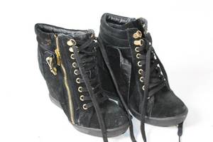 lot 171 image: Black Suede Wedge Sneakers with Gold Stud Accents - Womens Size 7M