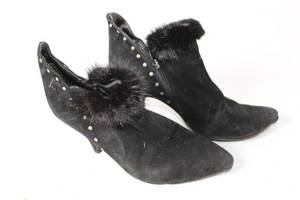 lot 172 image: Pair of Black Suede Heeled Ankle Boots with Faux Fur and Studded Detailing