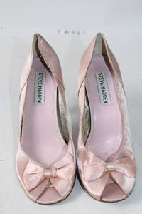 lot 176 image: Steve Madden Pink Satin Peep-Toe Heels with Bow Accents