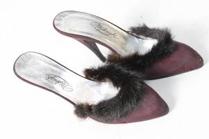lot 179 image: Pair of Midnight Velvet High Heel Mules with Faux Fur Trim