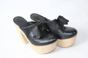 lot 180 image: Unique Black Leather Platform Mules with Wooden Heels