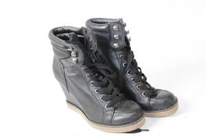 lot 181 image: Used Black Wedge Heel Ankle Boots with Lace-Up Design