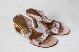 lot A-183 image: Prada Pink Satin High Heel Sandals with Rhinestone Accents