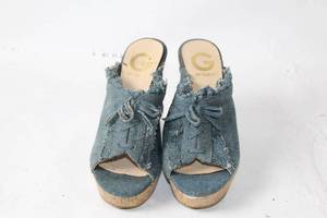 lot 185 image: Pair of Used G by Guess Denim Open-Toe Wedge Sandals