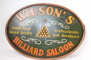 lot 221 image: Vintage Wilsons Billiard Saloon Wooden Sign