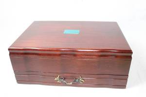 lot 303 image: Wooden Jewelry Box with Personalized Plaque and Velvet Lining
