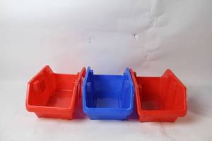 lot 314 image: Stackable Storage Bins Set of 3 - 2 Red, 1 Blue
