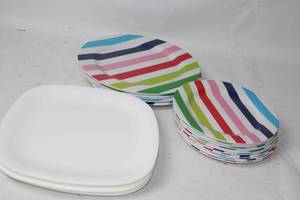 lot 353 image: Set of 20 Colorful Striped and White Dinner Plates
