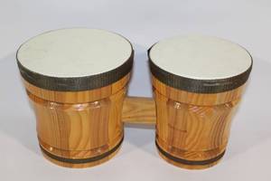 lot 368 image: Pair of Wooden Bongo Drums with Natural Finish