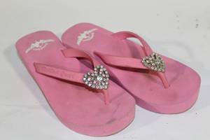 lot 439 image: Womens Pink Platform Flip-Flops with Rhinestone Heart Embellishment
