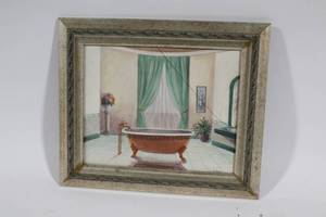 lot 459 image: Framed Bathroom Scene Artwork by V. Dupont