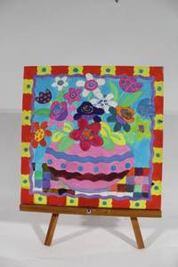 lot 460 image: Colorful Floral Art Painting on Canvas with Wooden Easel
