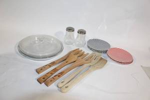 lot 466 image: Kitchenware Set Wooden Utensils, Striped Plates, Salt and Pepper Shakers, Glass Lids