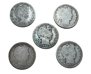 lot 20 image: Set of 5 Barber Quarter Coins from the Lates 1800s and Early 1900s including 1987 Barber Quarter Coin