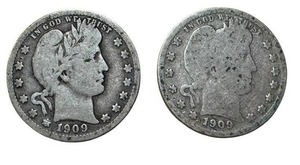 lot 29 image: Set of 2 Barber Quarters 1909 Silver Coins