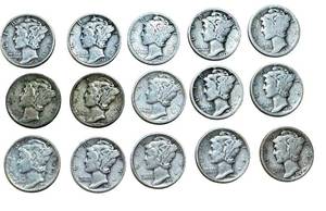 lot 30 image: Collection of 15 Mercury Dimes