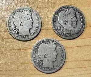lot 33 image: Set of 3 Barber Quarter Coins 1907, 1910, 1915