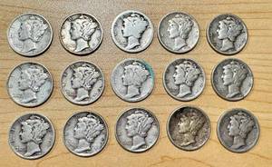 lot 40 image: Set of 15 Circulated Mercury Dimes (1919-1949)