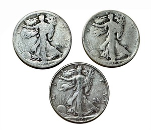 lot 28 image: Set of 3 Walking Liberty Half Dollars - 1918, 1928, 1947