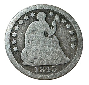 lot 34 image: 1843 Seated Liberty Half Dime - Vintage U.S. Coin