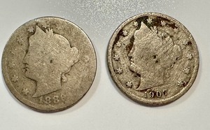lot 43 image: 1889 and 1907 Liberty Nickel Coins in Circulated Condition