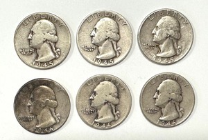 lot 52 image: Set of 6 Circulated 1945 and 1946 Silver Washington Quarters
