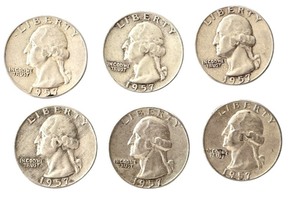 lot 63 image: Set of 6 1957 Washington Silver Quarters