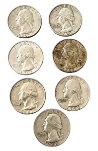 lot 64 image: Set of 7 Vintage Washington Quarters from 1948-1963