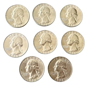 lot 65 image: Set of 8 1964 Washington Quarter Silver Coins