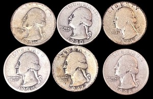 lot 17L image: Set of 6 Vintage Washington Silver Quarters 1940-1948