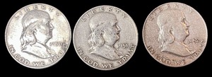 lot 18L image: Set of 3 Franklin Half Dollar Coins 1950s