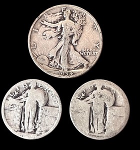 lot 20L image: Walking Liberty Half Dollar Coin and Two Standing Liberty Coins