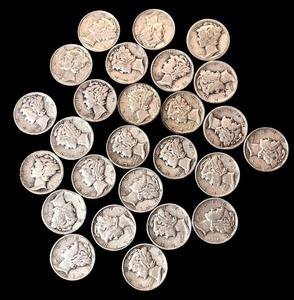 lot 24L image: Collection of 25 Mercury Dimes - 90% Silver Coins, Mixed Years