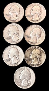 lot 25L image: Set of 7 Vintage Washington Silver Quarters (1945-1956)