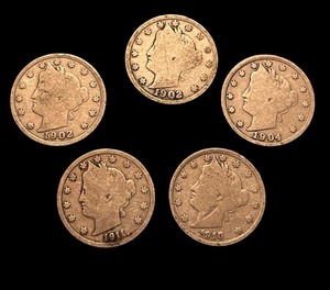 lot 33L image: 5 Liberty Head V Nickels (1902, 1904, 1910, 1911)