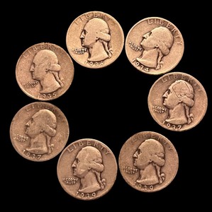 lot 34L image: Set of 7 Silver Washington Quarters - 1934 to 1939