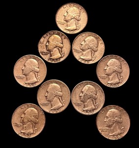 lot 36L image: Collection of 9 Vintage 1950s Washington Quarters