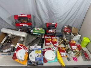 lot 58 image: Assorted Hardware, Door Knobs, Smoke Detectors, and More