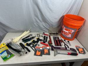 lot 60 image: Bucket of Hand Tools, Hardware, Clamps, and More