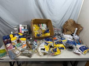 lot 67 image: Tile Leveling Supplies, Electrical Wire Nuts, Screws, Hardware, Tile Spacers, Door Knob, and More