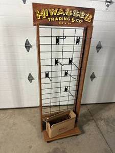 lot 3 image: Double Sided Rolling Retail Rack with Hooks and Removable Sign
