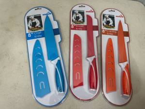 lot 173 image: 3 New Ceramic Coated Kitchen Knives with Sleeves